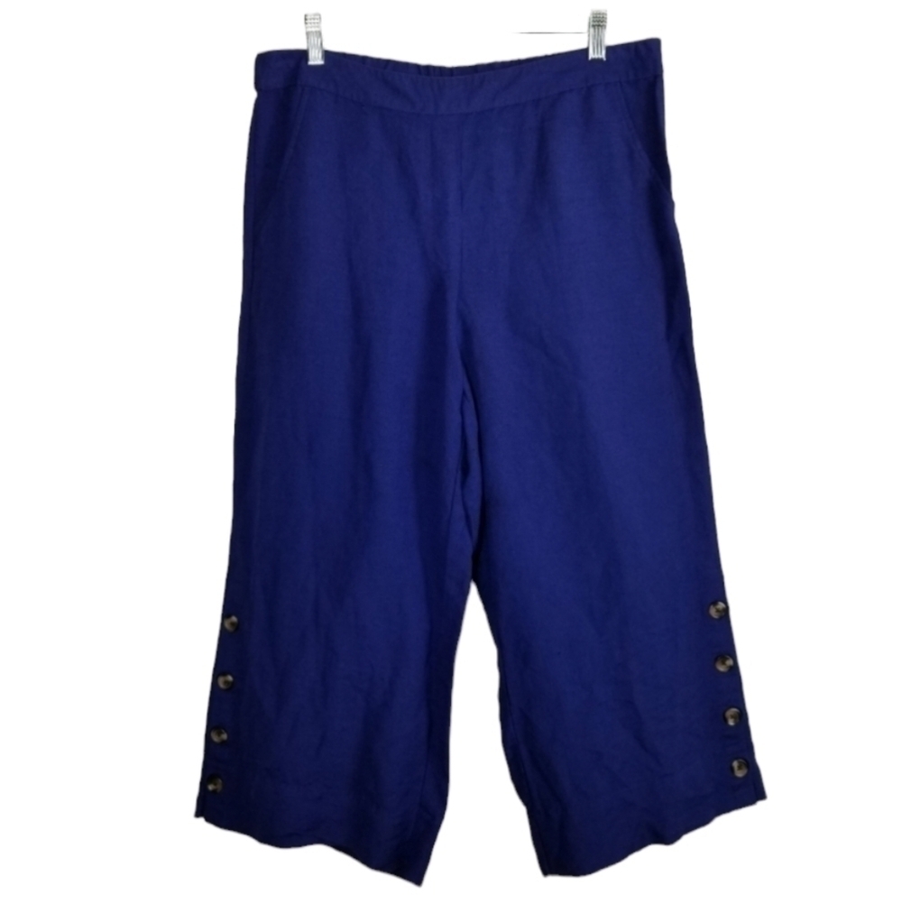 Zac & Rachel Womens Linen Wide Leg Cropped Pants Pull On Blue Buttons Size 12